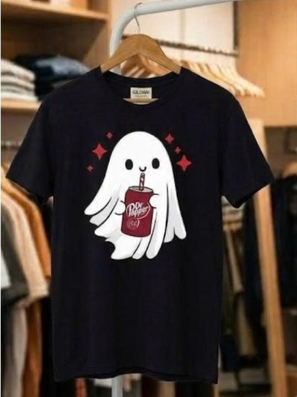 Cute Ghost Drinking Soda Graphic Tee Spooky Season Halloween Black T-Shirt